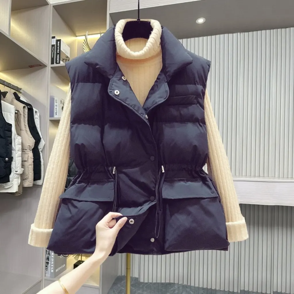 

Women's K-Style Stand-Up Collar Vest Versatile Loose Warm Rope Design for Autumn Winter Top