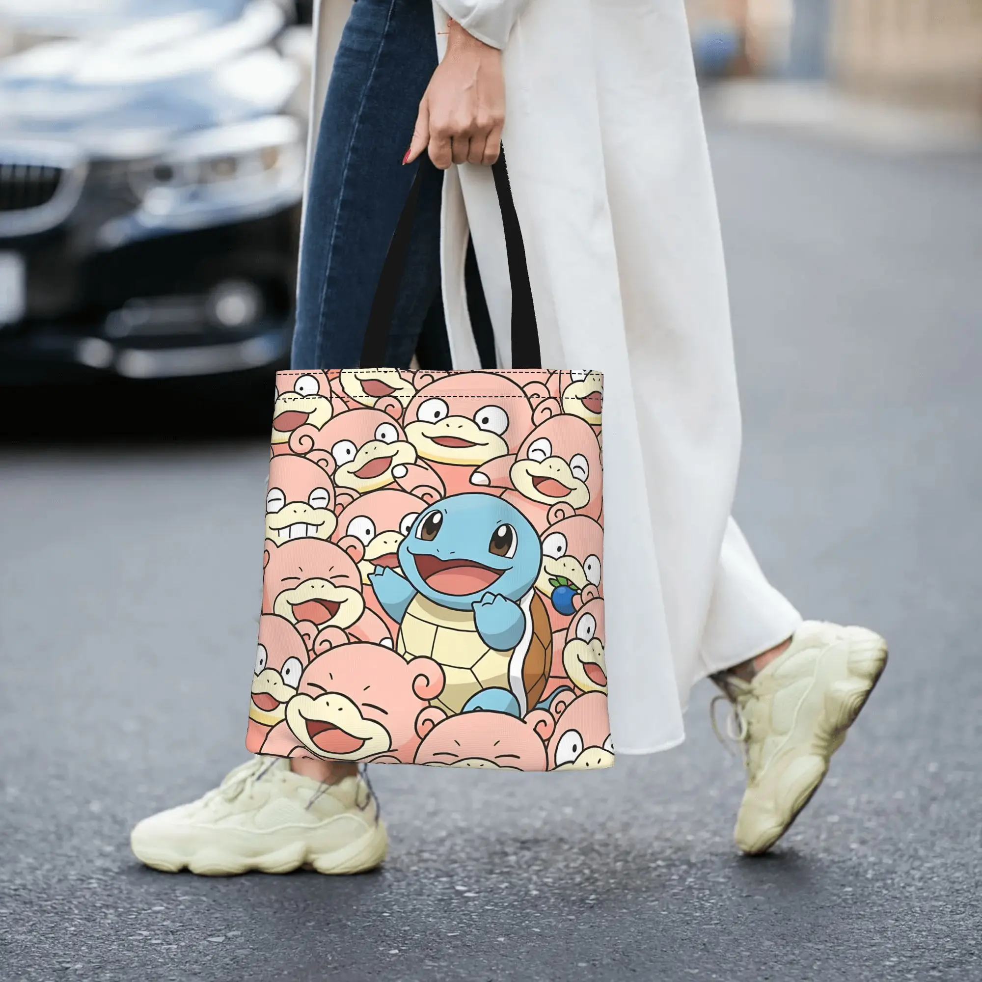 Customized Cartoon Pokemon Theme Women's Bag Shopping Bag Reusable Double Sided Canvas Tote Bag Shoulder  Handbag