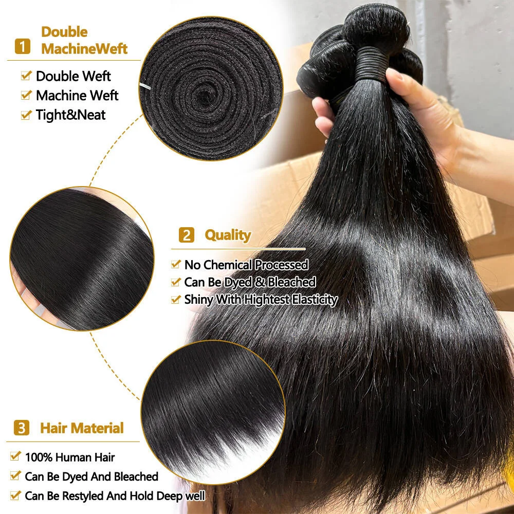Straight Bundles 100% Human Hair 1/3/4 Raw Hair Bundles Deal Brazilian Hair Remy Extension Double Weft Hair Weaving For Women
