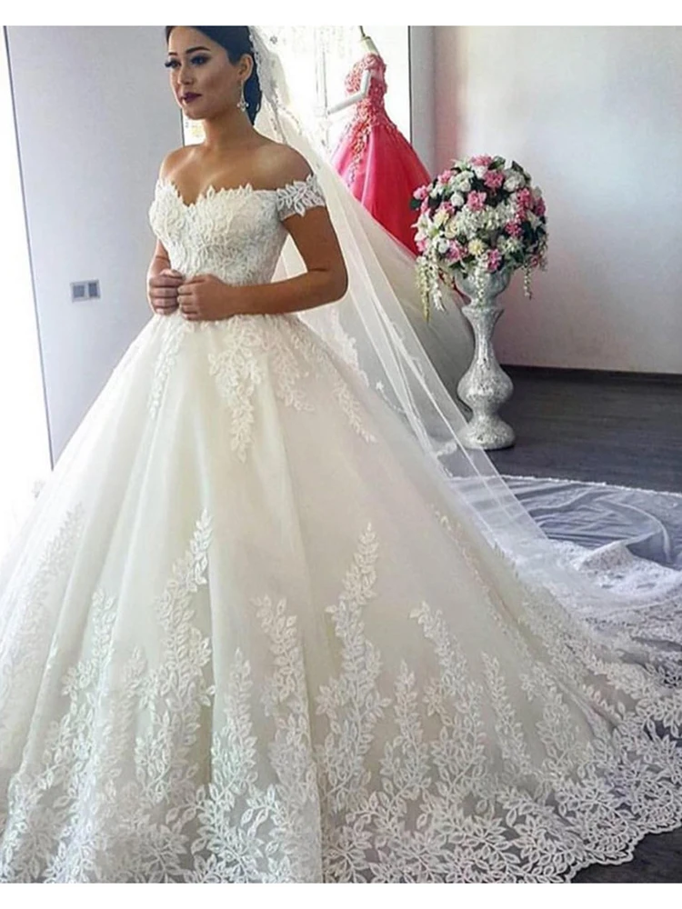 Fashion Ball Gown Women Wedding Dresses Off Shoulder Appliques Court Train Bridal Gowns Formal Vestido De Noiva robe de mariée