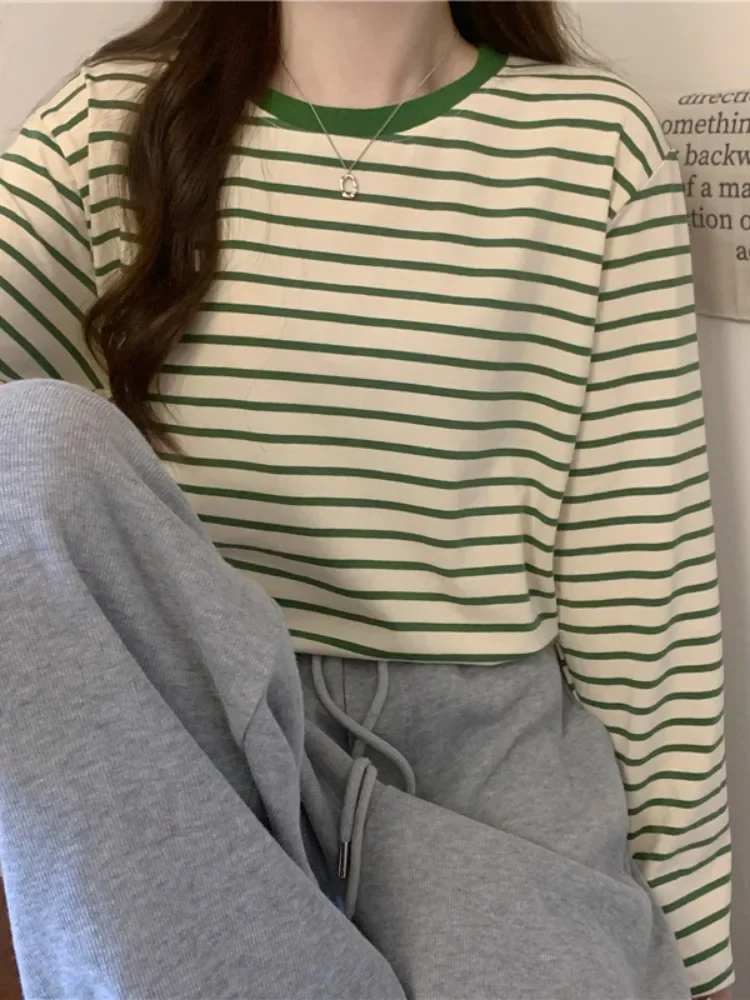 Rundhals-Langarm-T-Shirt für Damen, Herbst, locker gestreift, lässiges Oberteil