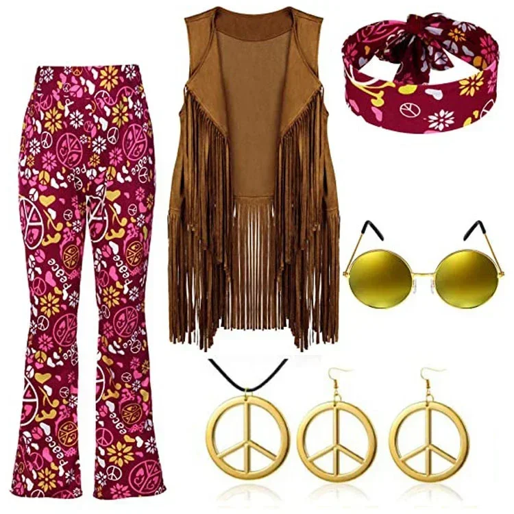 Hippie Disco 60s 70s Cosplay Kostuum Vrouwen Vrede Liefde Hip Indiase Kwasten Hippie Vest Ketting Bloem Krans Oorbellen Halloween