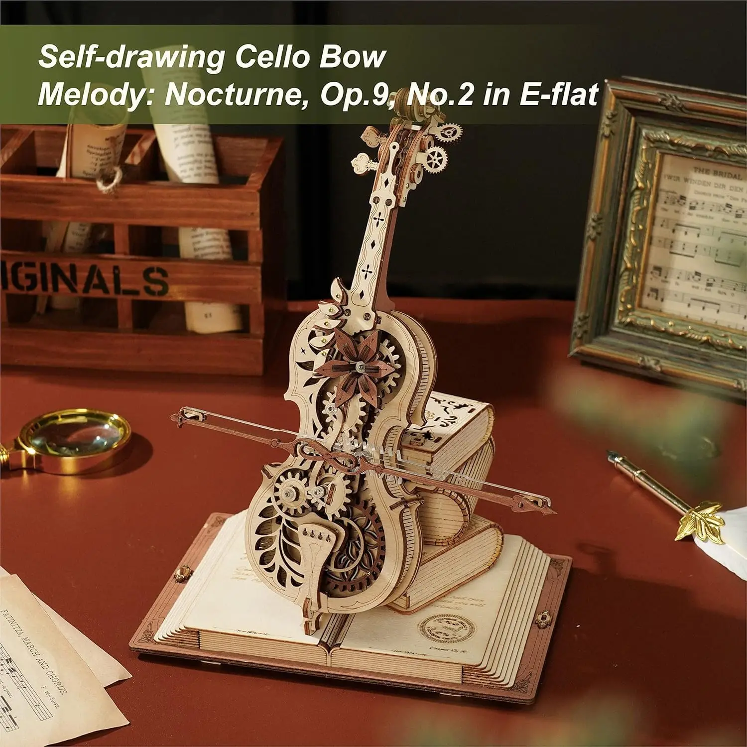 DIY Wooden Music Box 3D Puzzle Assembly Model, ROKR Cello Piano Harp Mechanical Clockwork Handmade Ornament Birthday Gift