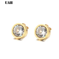 UAH 1 Pair Gold Color Round Stud Earrings For Women CZ AAA Zircon Ear Studs Surgical Steel Jewelry Women Girl Gift