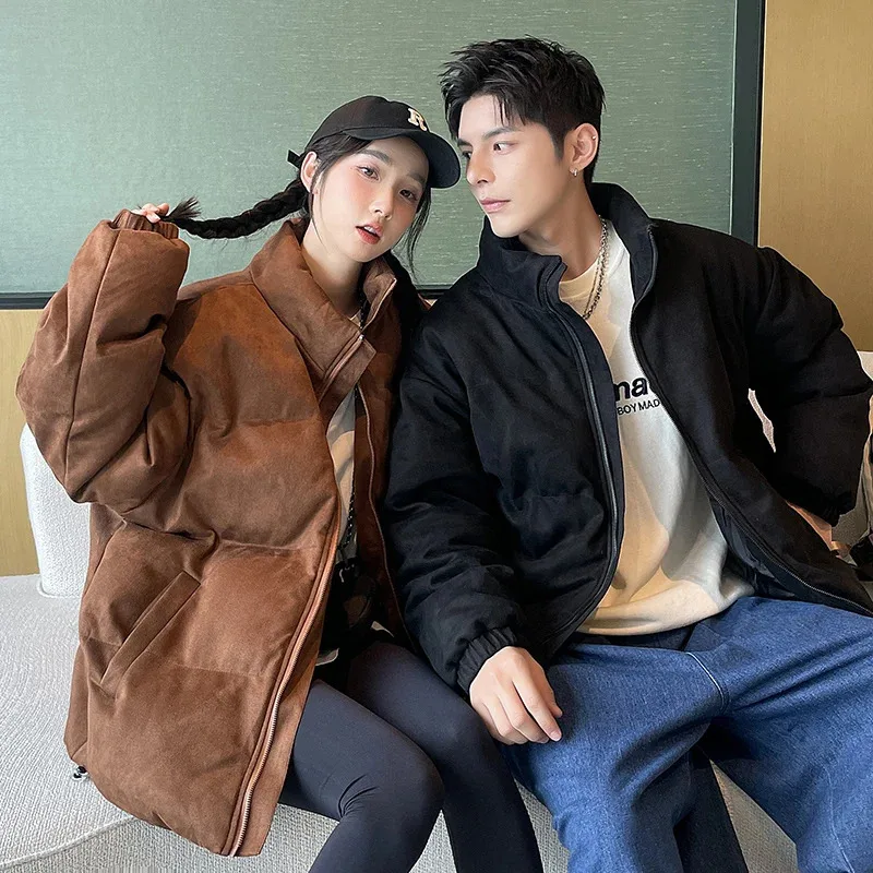 Men's Winter Loose Large Sized Simple Stand Up Collar Cotton-Padded Jacket Warm Thick Trendy Versatile Outerwear