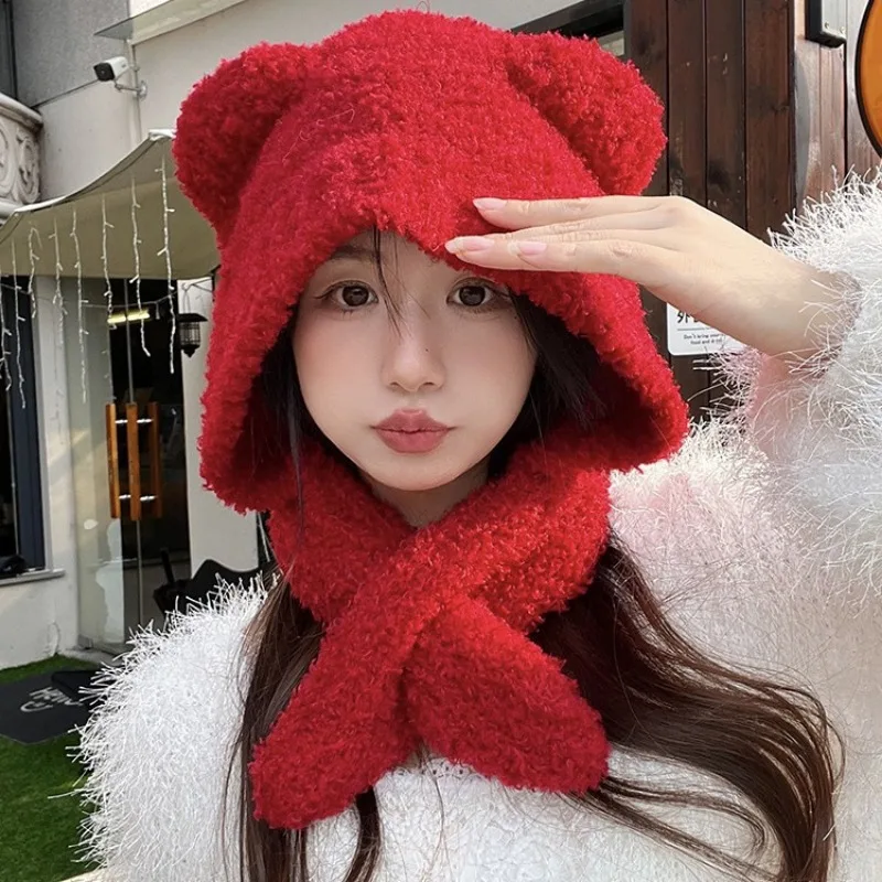 Winter Solid Color Scarf Hat Integrated Plush Bear Ears Knitted Pullover Cap Outdoor Riding Warm Ear Protection Bomber Hats