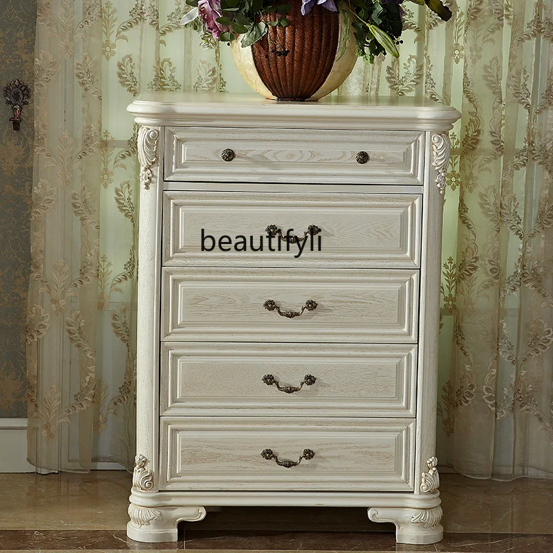 European-Style Solid Wood White Pastoral Style Storage Chest of Drawers Elegant Bedroom Antique White Locker