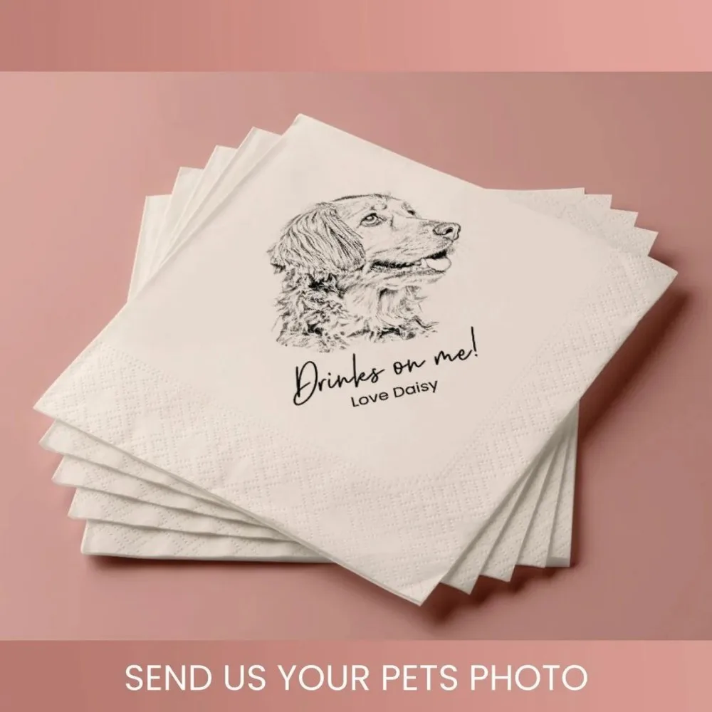 50 Custom Pet Sketch Cocktail Napkins, Pencil Sketch Portrait from Photo, Dog Wedding , Customized Pet Portrait Favors, Pet love