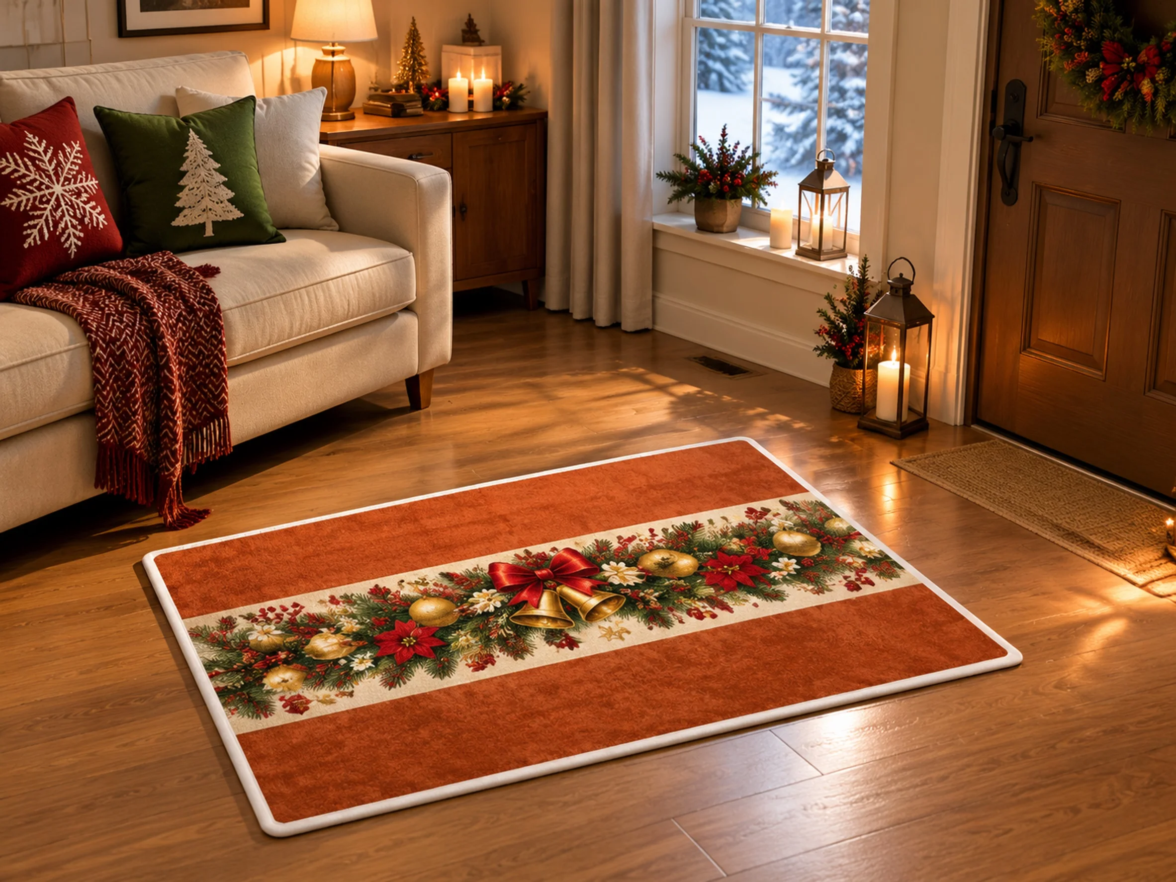 VIKAMA Christmas Amber Brown Wreath Flannel Door Mat, Anti-Slip Absorbent Door Mat, Xmas Decor for Front Door, Living Room