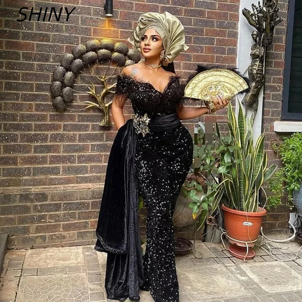 

SHINY Customized Handmade Women's Sexy Black V-neck Mermaid Sequins with Feather Off Shoulder Side Dress Prom Party Dress 2024