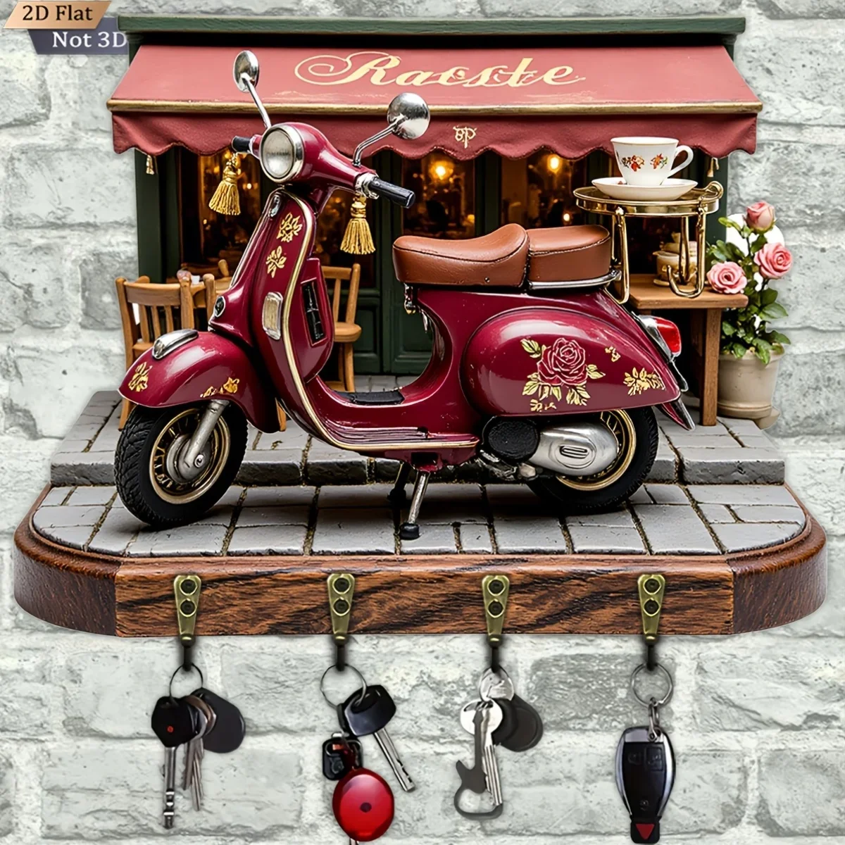 2D Flat, 1pc, Retro Rose Motorcycle Style Key Hook Wooden Multifunctional Home Key Rack with Four Metal Hooks, Wall Decoration,