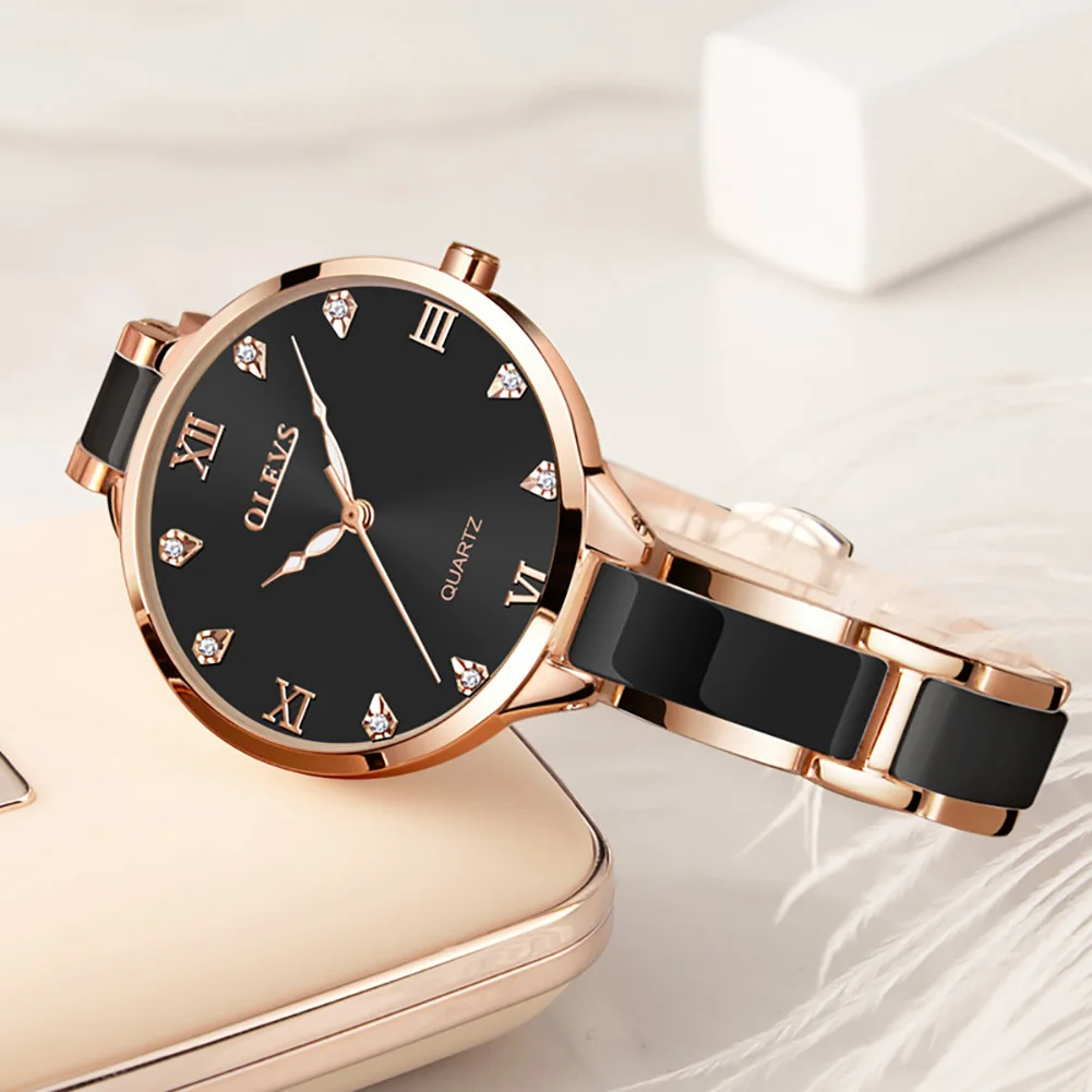 OLEVS-Montre à Quartz pour Femme, Mouvement Japonais, Étanche à 30m, Bracelet en Céramique Élégant, Cadeau de la Journée de Léon