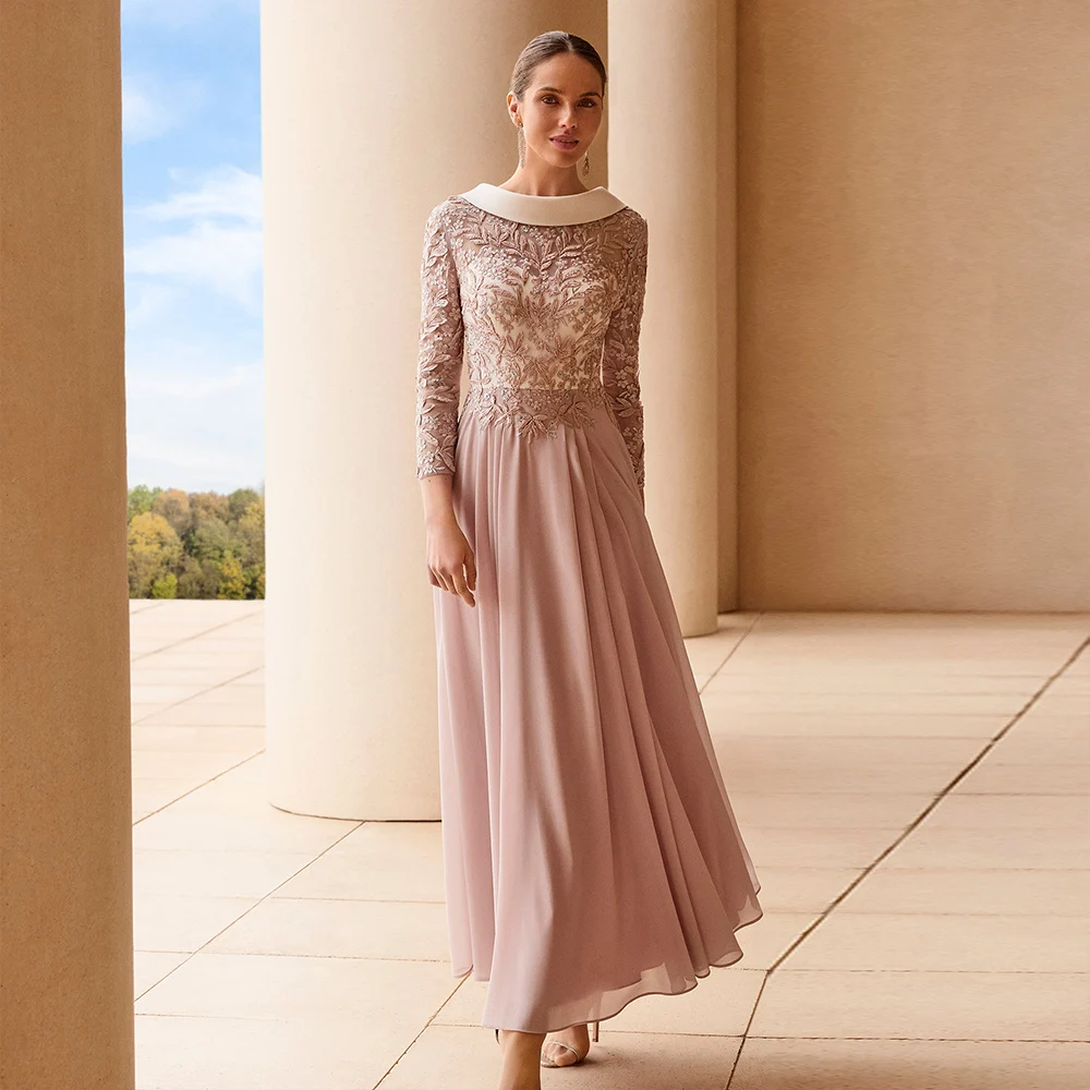 

Elegant Chiffon Mother of the Bride Dresses O Neck 3/4 Sleeve Wedding Party Gowns Lace Appliquea A-Line Tea Length فساتين السهرة