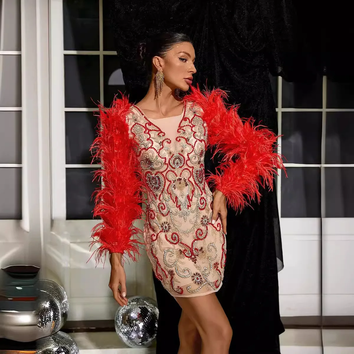 

New Hot Red Sheath Dress Ostrich Feather Long Sleeve Mesh Set Skirt