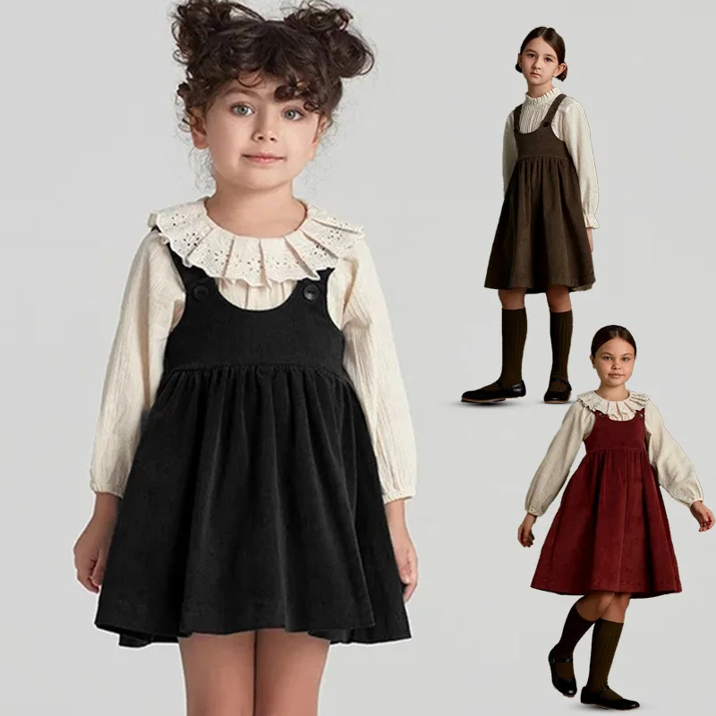 

Children Clothing Corduroy Vest Skirt Autumn Girls Baby Layered Sleeveless Dress Striped Velvet Cute Fashion Suspender Dress