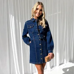 Jeans Dress Single Breasted Long-Sleeved Y2K Denim Dress Fashion Casual Button Lace-up Slimming Denim Dress for Women