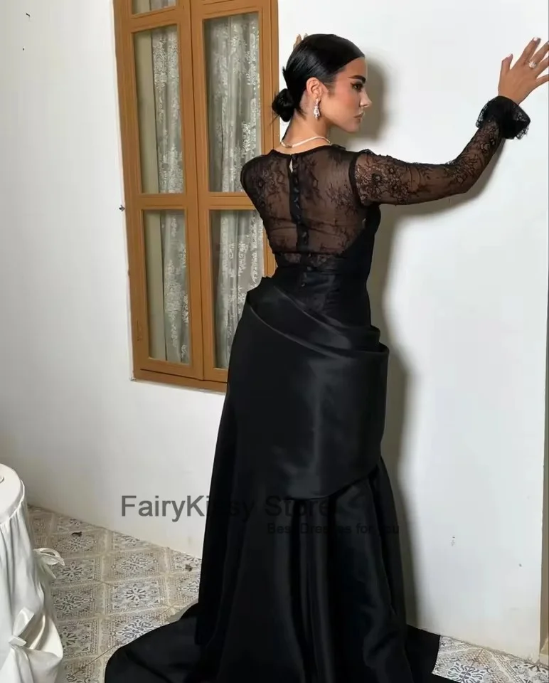 FairyKissy Saudi-Arabien Schwarz Langarm Ballkleider Trägerloses Plissee Abendkleid Bodenlangen vestidos de novia Partykleid