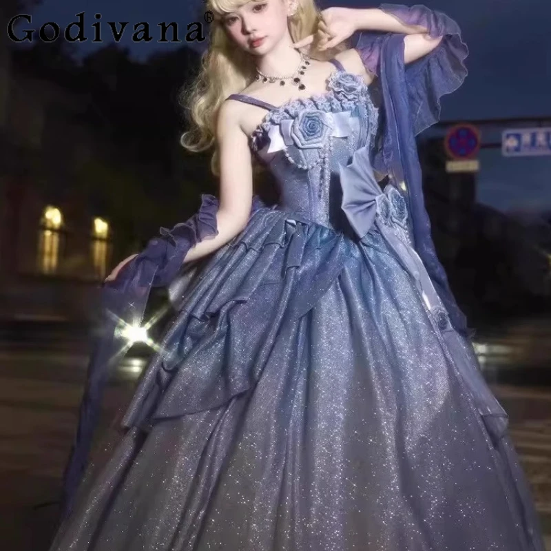 

Flower Marriage Lolita Princess Dress for Girls Cosplay Jsk Blue Wedding Dress Women's Big Bow Evening Party Dress