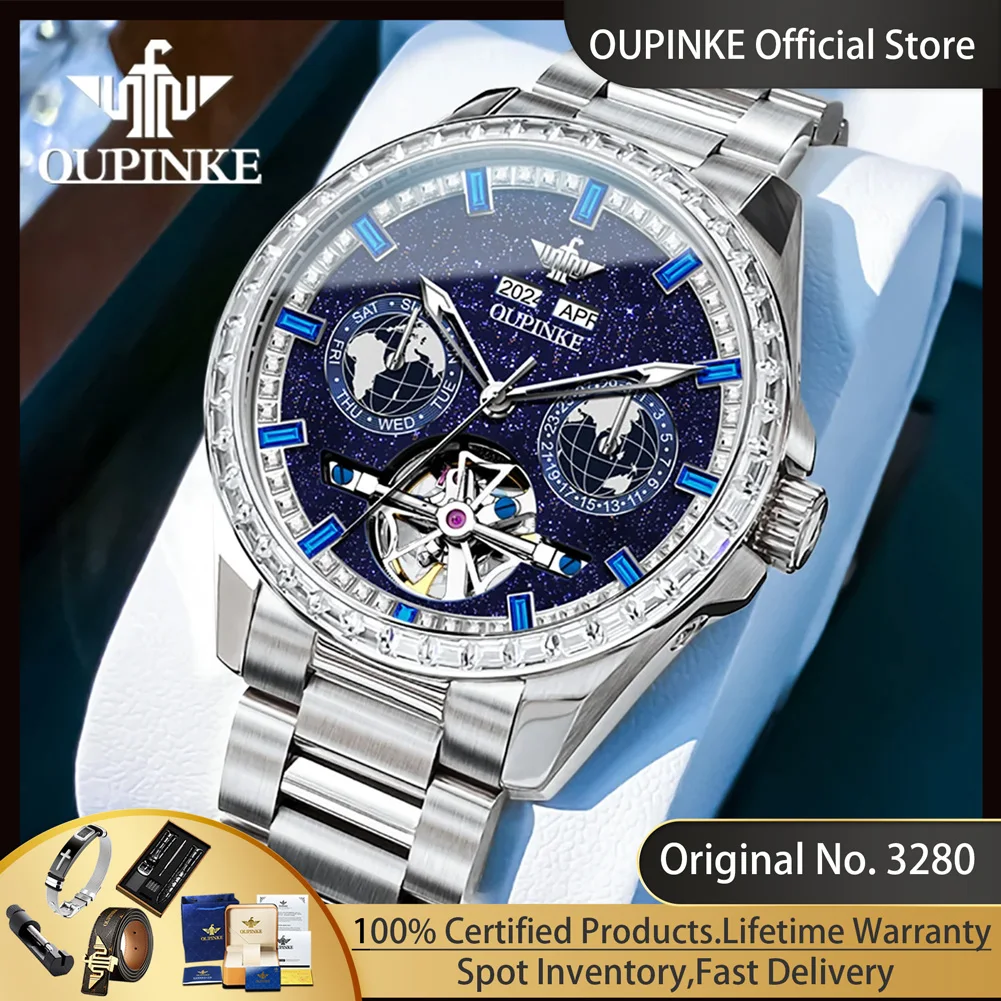 OUPINKE 3280 Automatic Mechanical Watch for Men Luxury Diamond Bezel Skeleton Flywheel Design Brand Original Man Wristwatch New