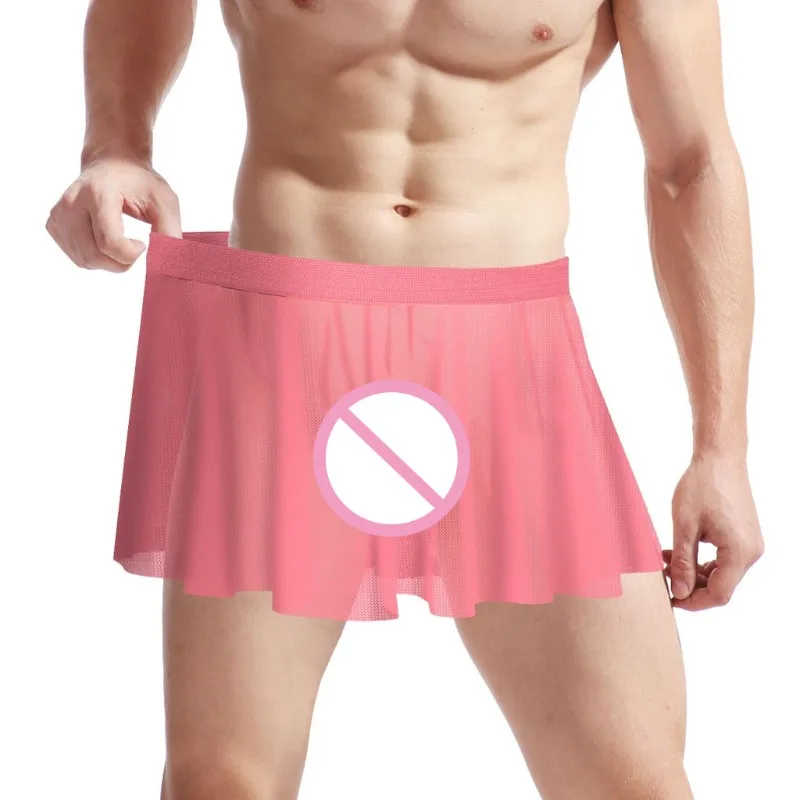 

Men's Sissy Crossdressing Lingerie See Through Mini Skirt Lace Trim Tulle Micro Skirts Underwear Gay Sleepwear Underpants