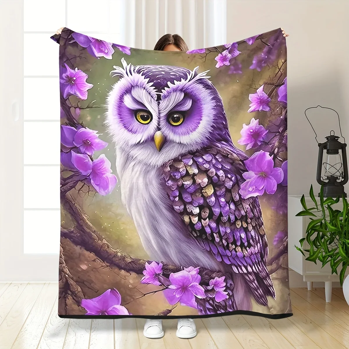 

Owl Fleece Throw Blanket - Vibrant Purple Owl with Floral Patterns, Soft & Cozy for Bed, Sofa, Office, Camping & Outdoor Use