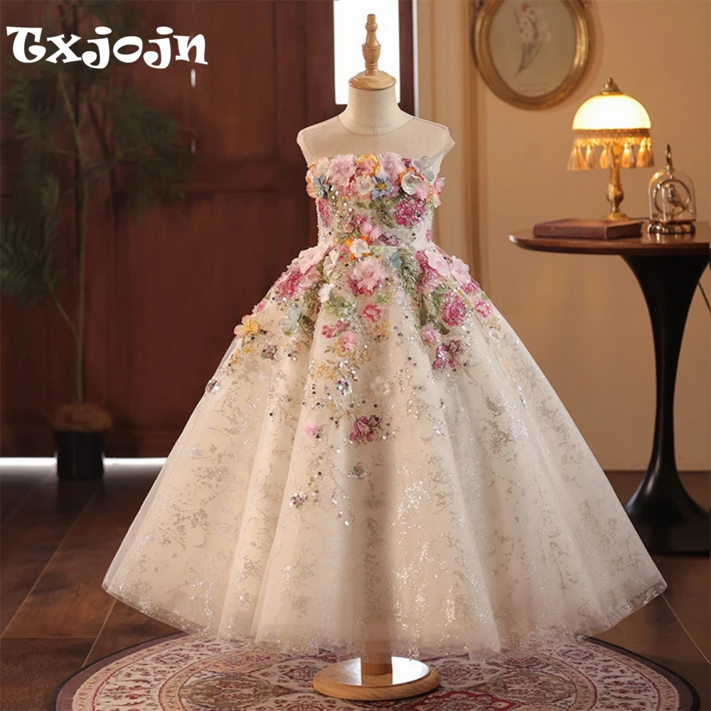 

New Arrival Colorful Beaded 3D Flower Girls Dresses For Wedding Puffy Strapless A-line Long Princess Gown For Kids Birthday