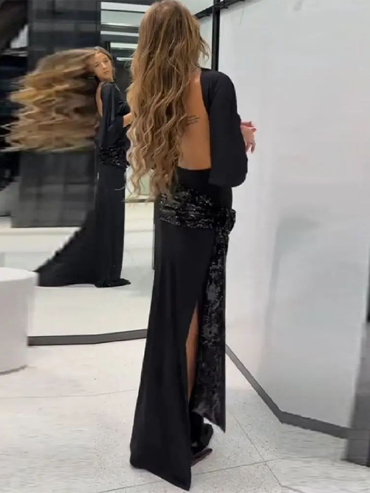 エレガントな新作スパンコールウエストバンドドレス、ワイドショートスリーブ、バックレス、ブラック、フロア丈スカート、ラグジュアリーな女性用イブニングデートロングガウン