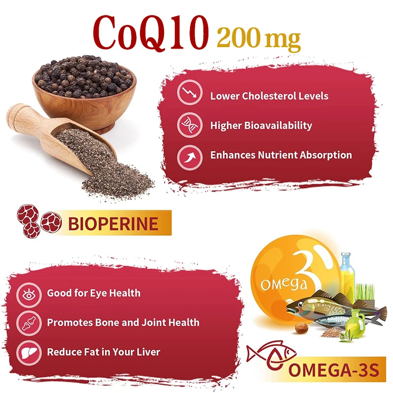 200 MG CoQ10 Capsules, Active CoQ10 Ubiquinol Supplement for Antioxidant, Heart, Brain & Cellular Energy-Productio