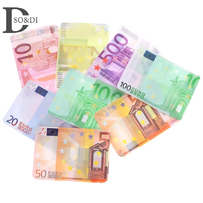 

100Pcs 10€ 20€ 50€ 100€ 200€ 500€ Bills Paper Zip Lock Bag With Clear Window 1-3.5G Mylar Small Bag EURO Design Small Pouches