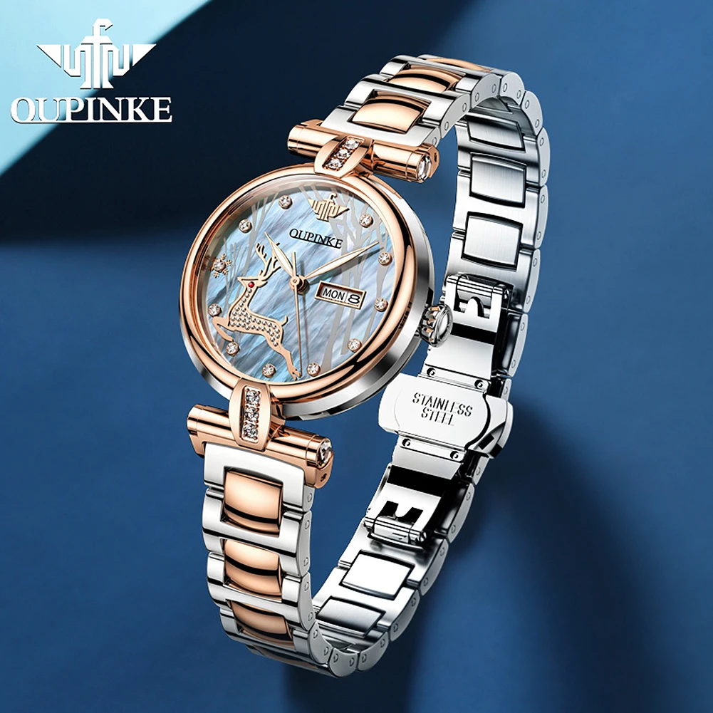 OUPINKE Women\'s Watches Luxury Automatic Mechanical Wristwatch Elk Forest Waterproof Luminous Exquisite Bracelet Necklace Set