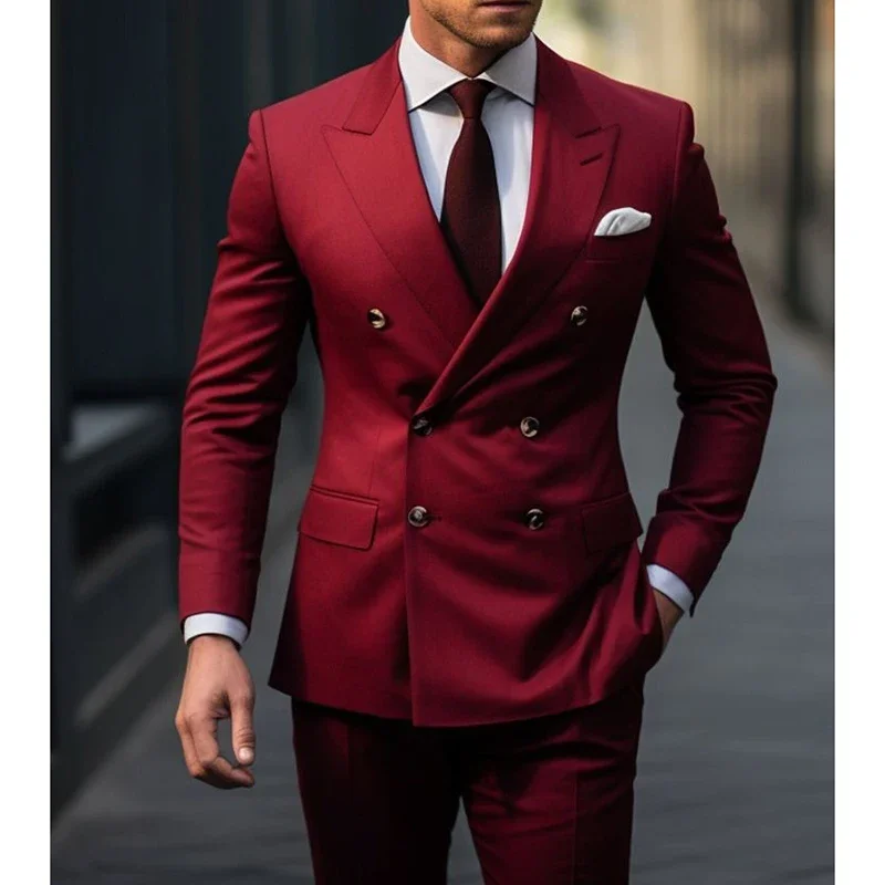 

Red Double Breasted Peak Lapel Regular Length Wedding Outfits Elegant Blazer High Quality 2024 2 Piece Jacket Pants Formal Party