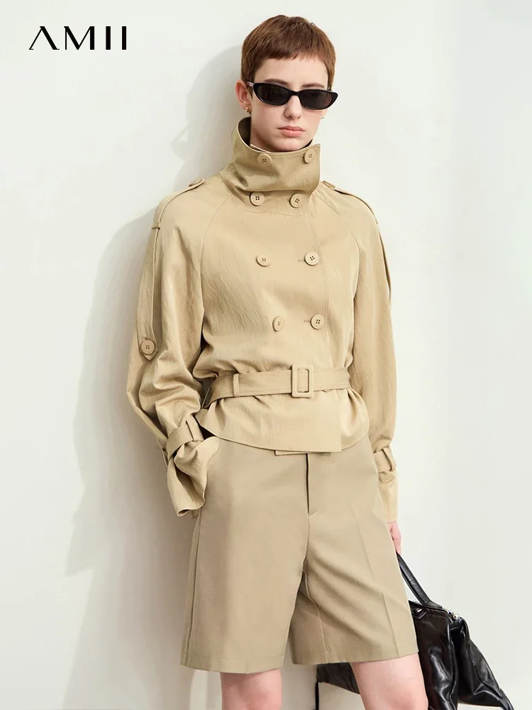 

Amii Minimalism Short Trench Coat Women 2024 Autumn New Turtleneck Lapel Double Breasted with Belt Trendy Loose Jackets 12443105