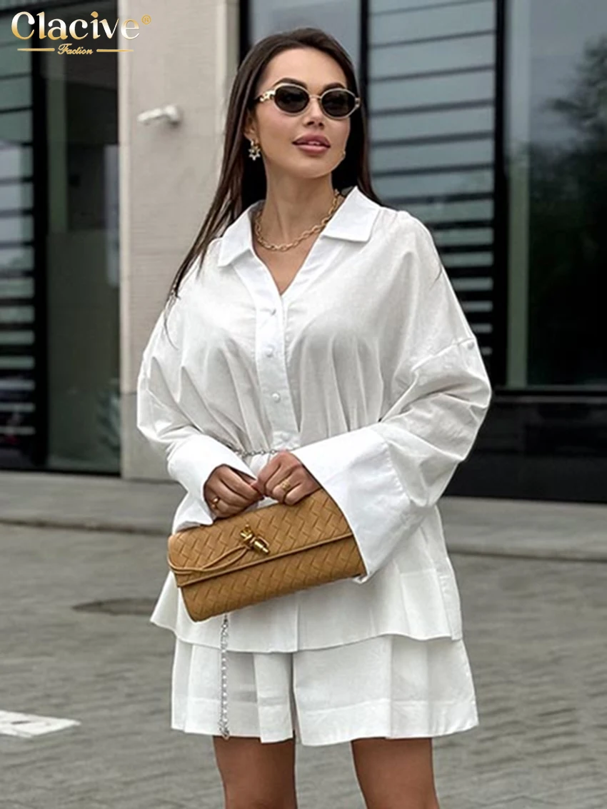 

Clacive Fashion Loose White Cotton Women Two Pieces Set 2025 Casual Long Sleeve Shirt With High Waist Shorts Set Female Clothes