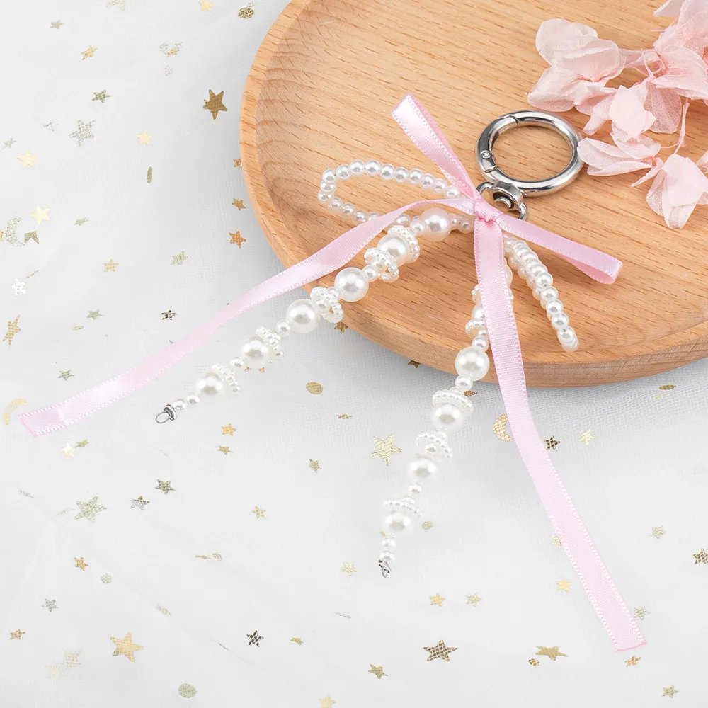 Y2K Pearl Bow Keychain Ribbon Beaded Bag Pendant Pink Bowknot Phone Charm Pendant Lanyard Korean Phone Key Bag Decor Accessories image 5