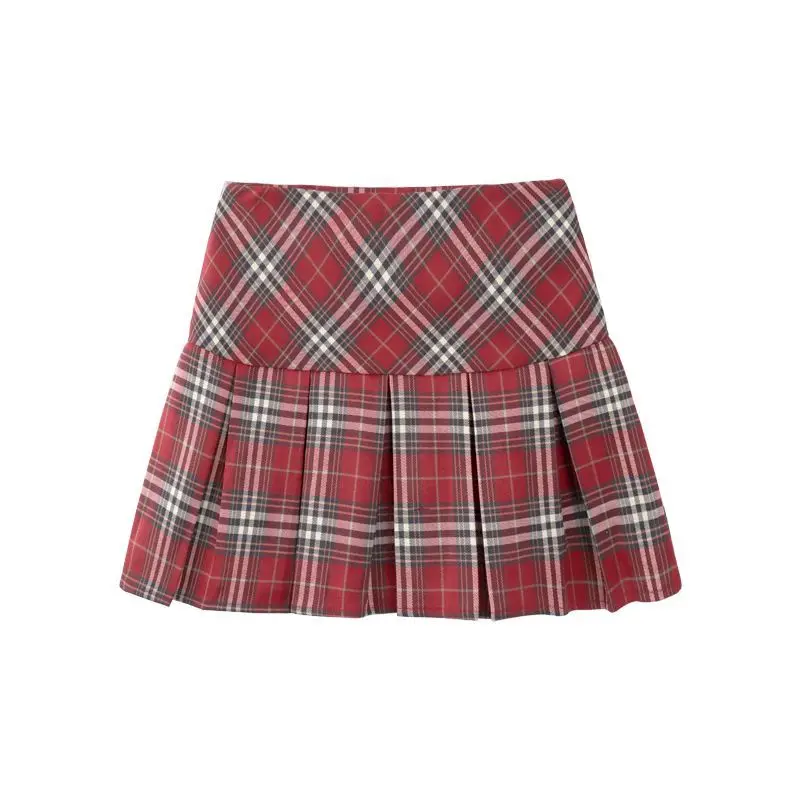 HOUZHOU Preppy Plaid Pleated Skirt Red Women Summer 2023 Vintage Korean Style High Waist Patchwork A-line Mini Skirt Harajuku