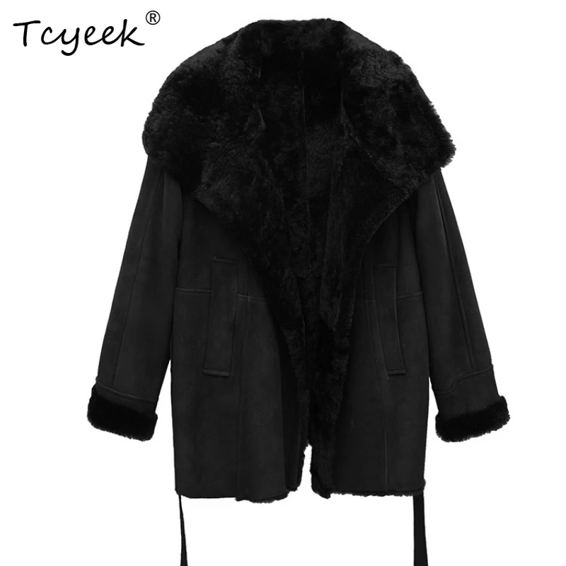 

Tcyeek Real Wool Autumn Winter High End Trendy Black Medium Length Solid Color Women's Wool Shearling Fur Coat Fourrures Femme