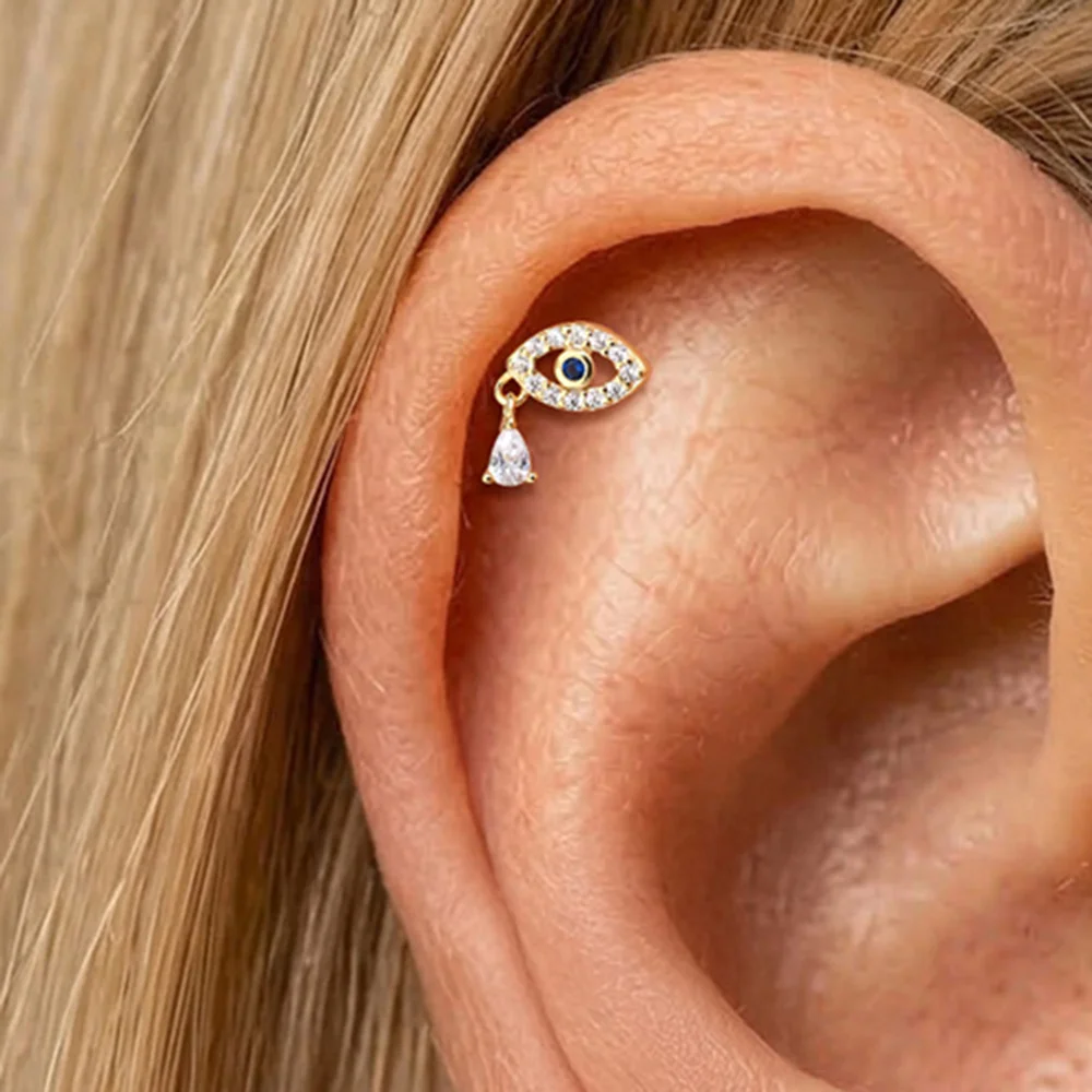 AIDE 925 Sterling Silver Devil's Eye Water Droplet Tassel Women's Cartilage Helix Piercing Ear Bone Nail INS Personalities Gifts