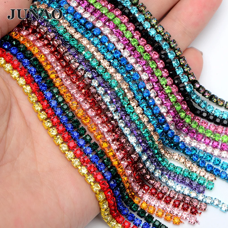 JUNAO 10Yard SS6 SS8 SS12 SS16 Sewing Colorful Glass Rhinestone Chain Crystal Cup Trim Strass Ribbon For Clothes Accessories