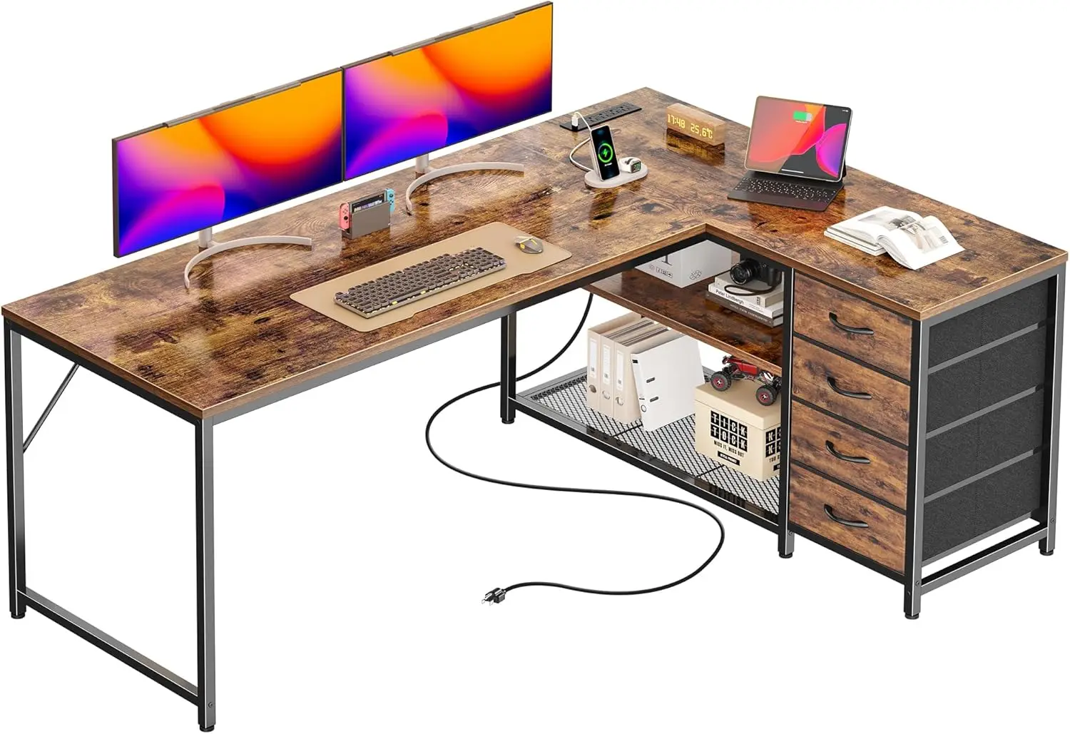 

61 Inch L Shaped Office Desk with Power Outlets USB-C Port 4 Fabric Drawers 2 Adjustable Shelves