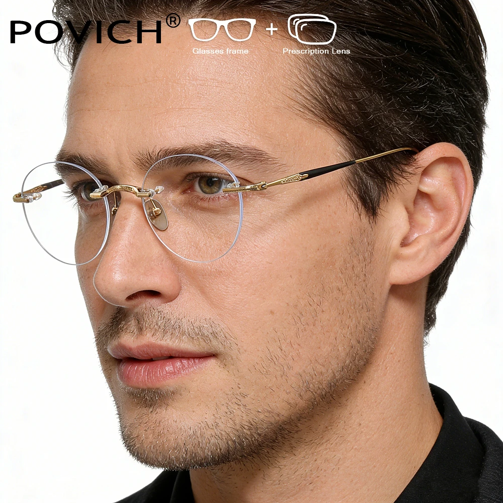 

Titanium Round Rimless Eyeglasses Men's Glasses Prescription Lenses UV Protected Progressive Myopia Reading Vintage Eyewear