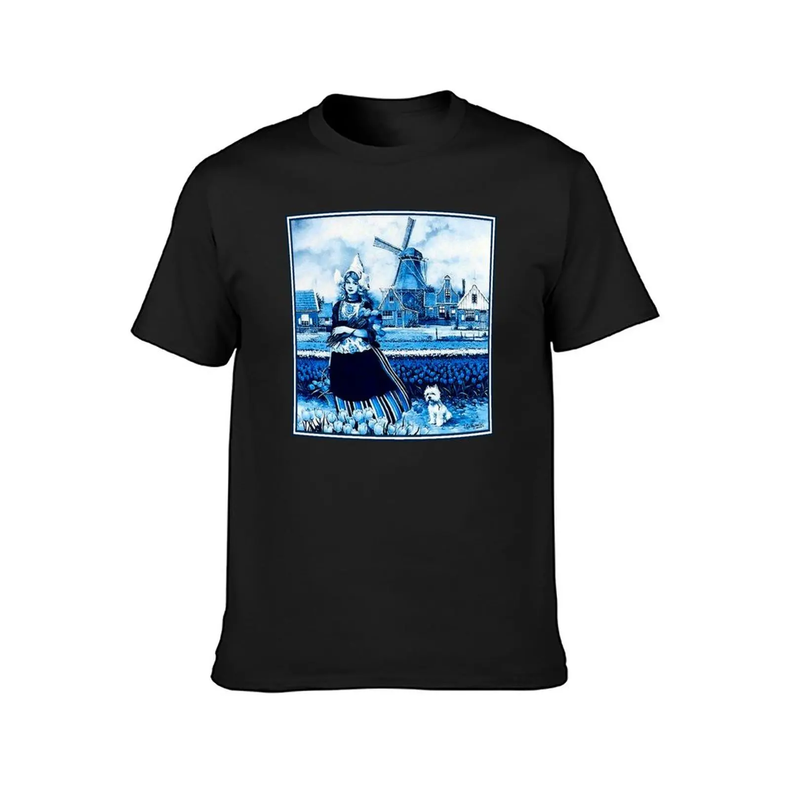 DUTCH BLUE DELFT : Vintage Windmill, Young Girl, Dog and tulips Print T-Shirt anime kawaii clothes summer top t shirts for men