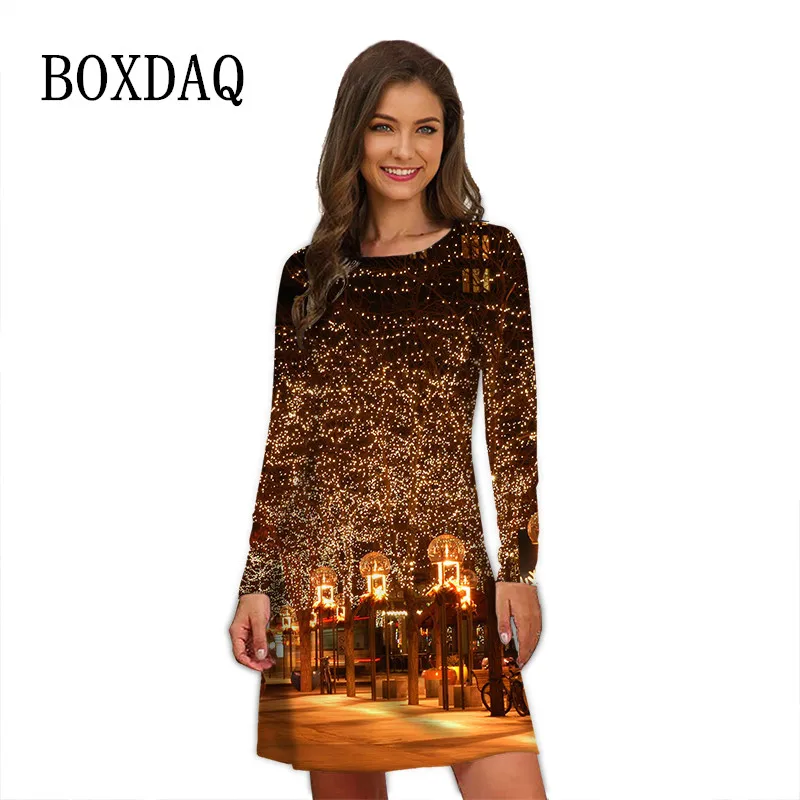 New Year 2024 Winter Christmas Party Mini Dresses For Women Clothes Autumn Long Sleeve Fashion Print Pattern Casual A-Line Dress