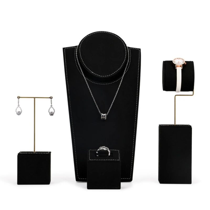 

Black Flannel Jewelry Display Props Necklace Stud Earrings Display Stand Ring Watch Storage Counter Set