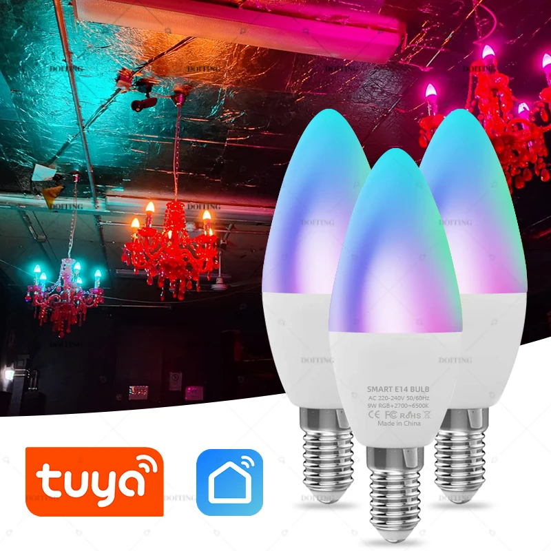 

TUYA Bluetooth WIFI лампы-свечи E14 RGBCW затемняющие светодиодные лампы Smart Life APP групповое управление изменением обесцвечивания белый теплый свет