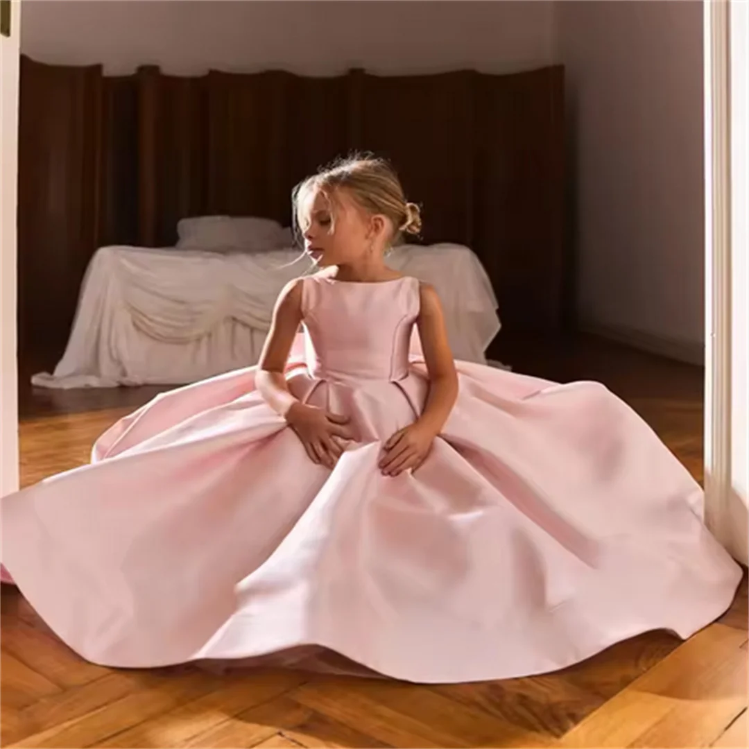 맞춤형 성찬식 블러쉬 핑크 플라워 걸 드레스 웨딩용 새틴 소녀 생일 파티 드레스 청소년용 바닥 길이 성찬식 드레스