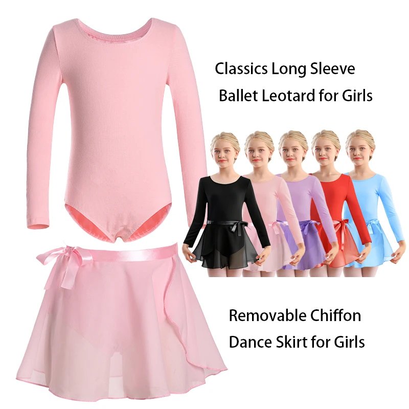 Klassische Ballett-Trikots für Mädchen mit abnehmbarem Chiffonrock, langärmliges Tanzkleid für Kinder