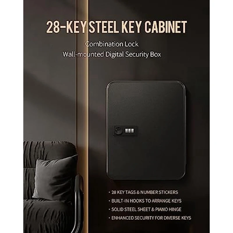 Black Key Cabinet With Combination Lock Wall-Mounted Key Storage Box With Resettable Combination Black Digital Security Box