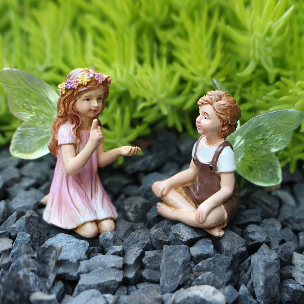 2pcs/set Flowerpot Micro Landscape Garden Resin Crafts Tabletop Ornaments Resin Fairy Statue Pot Decoration Whispering Fairy