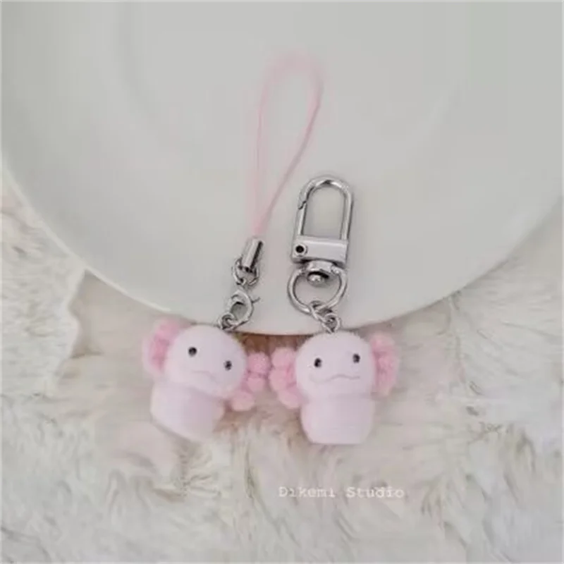 Cute 3D Flocking Axolotl Keychain Flocked Pink axolotl Couple Mobile PhonePendant Car Keyring Earphone Backpack Charms Bag Decor