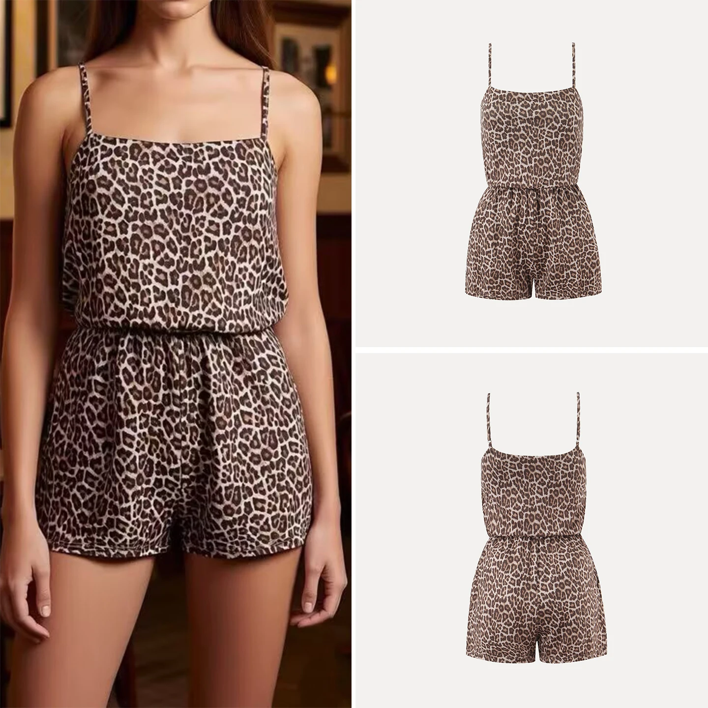 

Faionable Retro Leopard Print One-Piece Pants Women's Summer High Waist Strap Design Slimming Effect Versatile Commute Sle